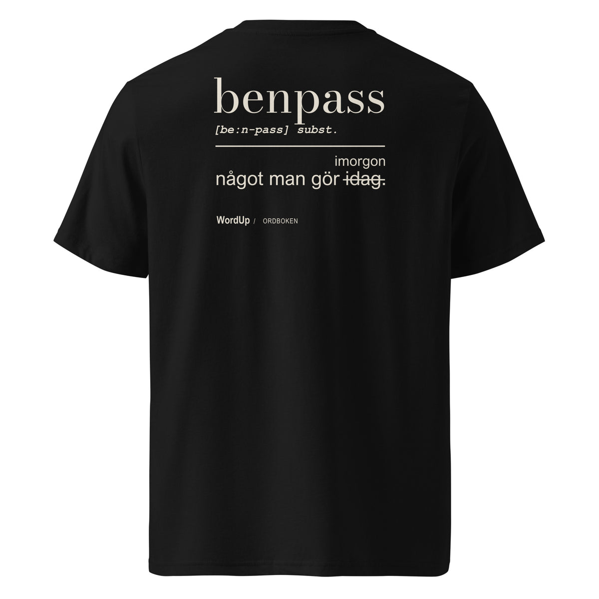 benpass – svart t-shirt, baksida med trycket
